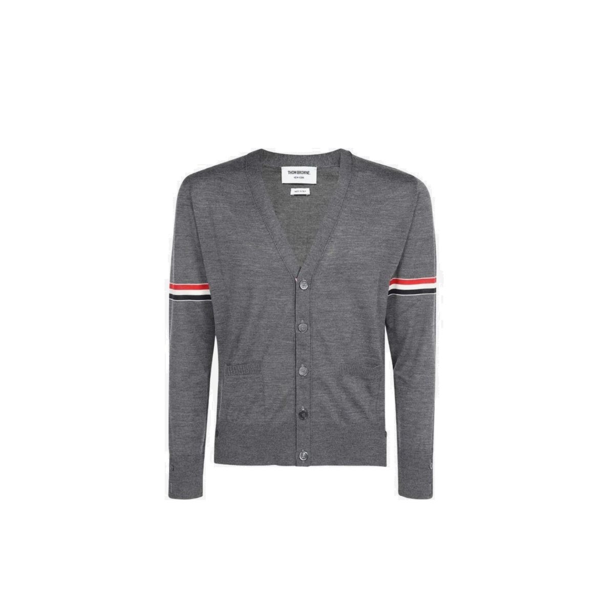 톰브라운 파인 메리노 울 스트라이프 브이넥 가디건